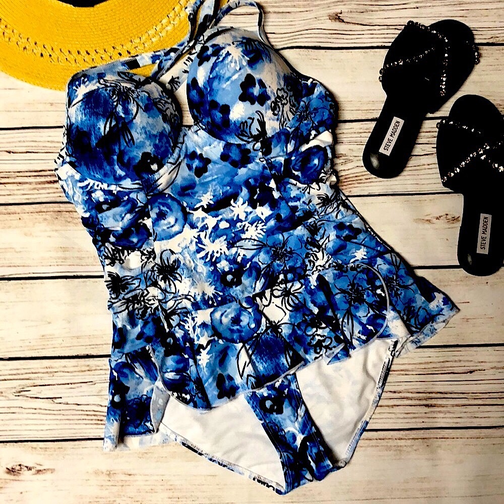 NWT Marilyn Monroe Blue Floral One Piece Swimsuit